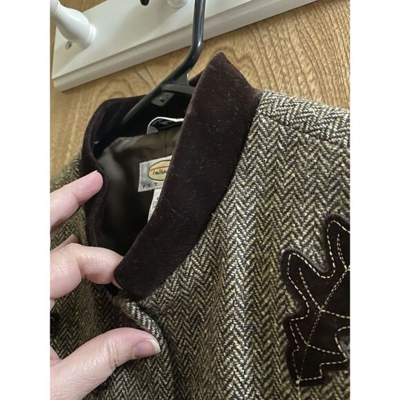 Talbots Vest Womens Small Petite Brown Wool Silk Herringbone Tweed Velvet Leaves - Picture 5 of 13
